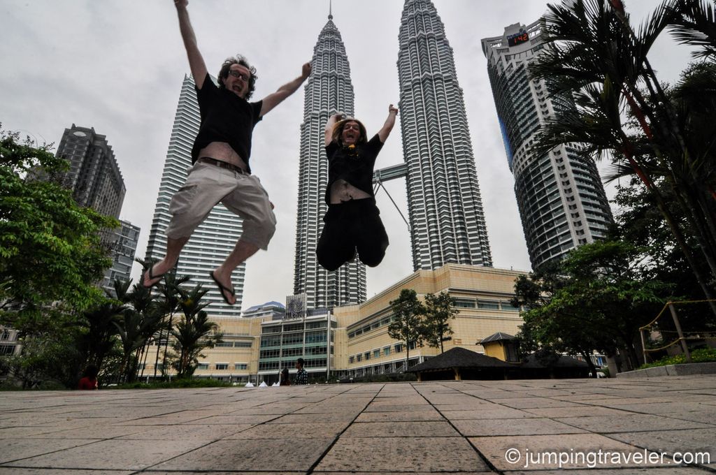 Jumping in front of Petronas Towers in Kuala Lumpur