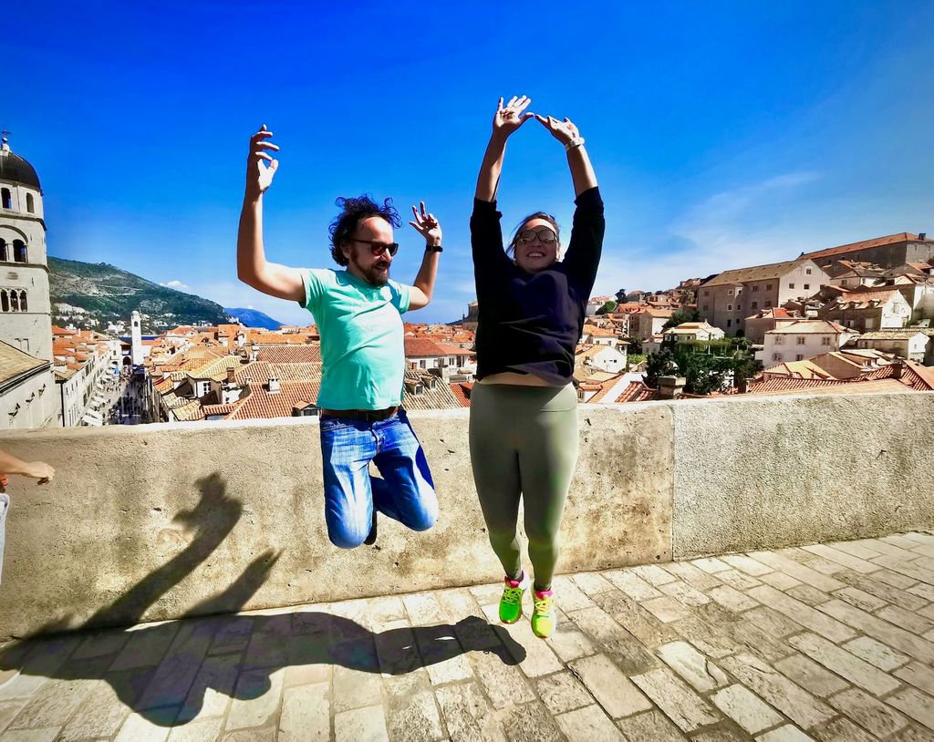 J. and Sly jumping on the old walls in Dubrovnik