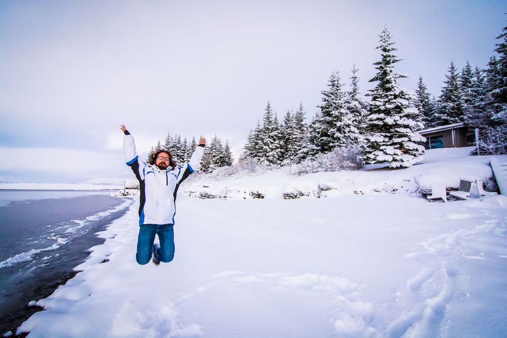 Image for Jumping on the shore of Álftavatn Lake