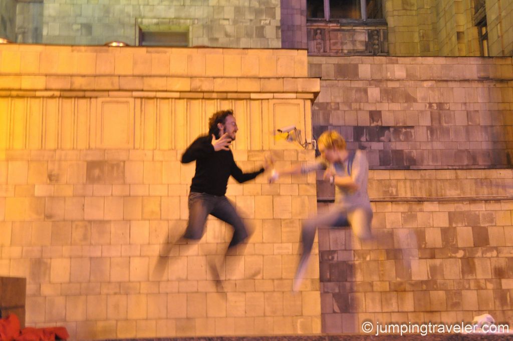 Jumping fight in front of one of the Seven Sisters